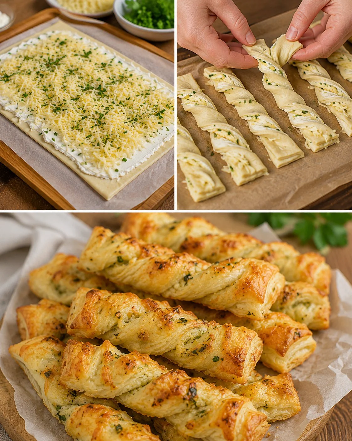Herzhafte Blätterteig-Snacks mit Käse auf einem Plattenton serviert