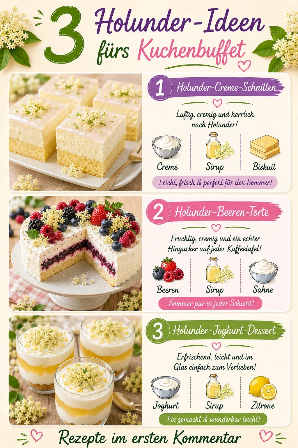 Vielfältige Holunder-Desserts wie Creme-Schnitten, Beeren-Torte und Joghurt-Dessert