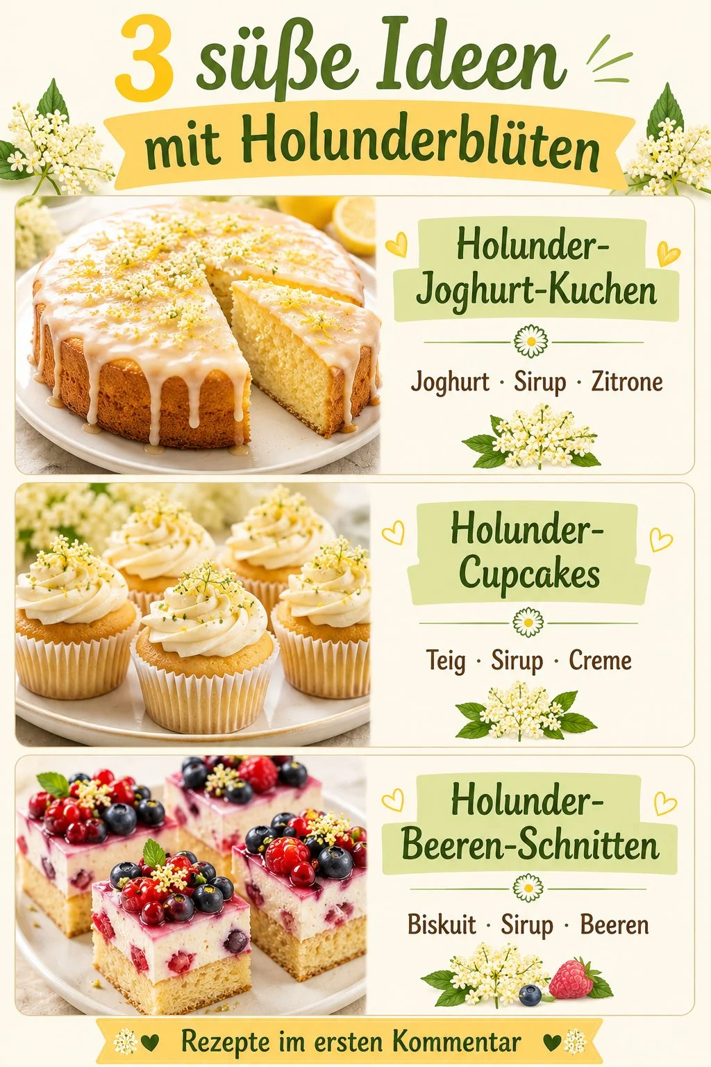Leckere Holunderblüten-Kuchen zum Nachbacken, dekoriert mit frischen Blüten.