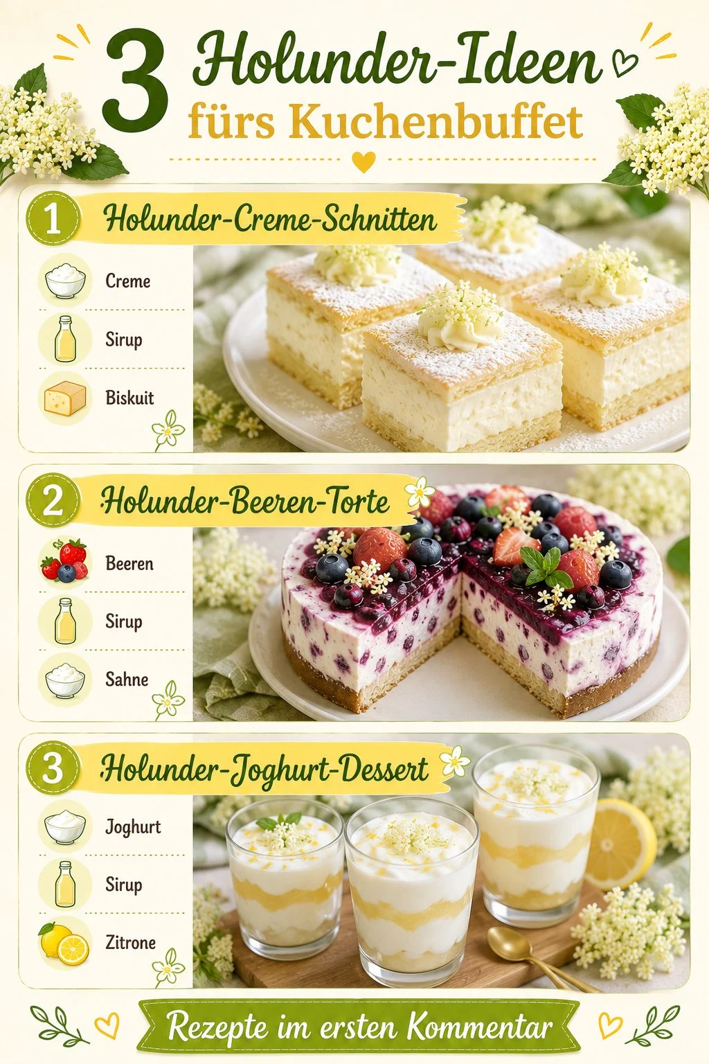 Holunderblüten-Rezepte für ein köstliches Kuchenbuffet mit 3 Ideen.