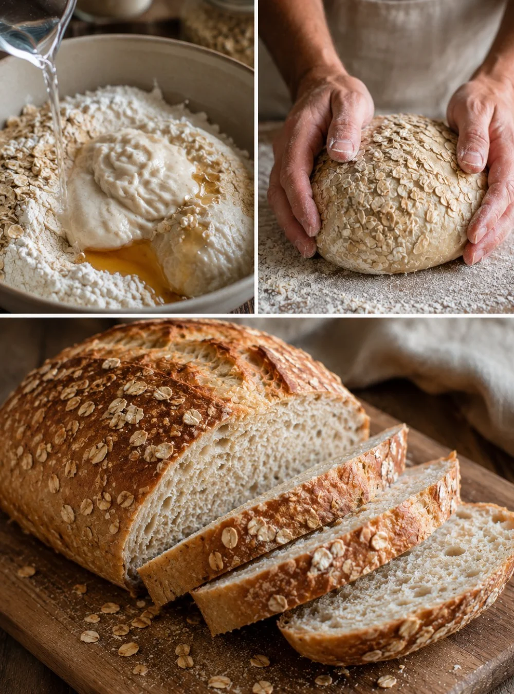 Honig-Hafer-Sauerteigbrot auf einem Holzbrett, frisch gebacken