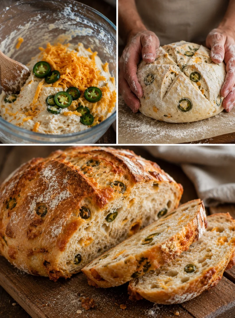 Jalapeno-Cheddar Brot frisch aus dem Dutch Oven, knusprig und aromatisch.