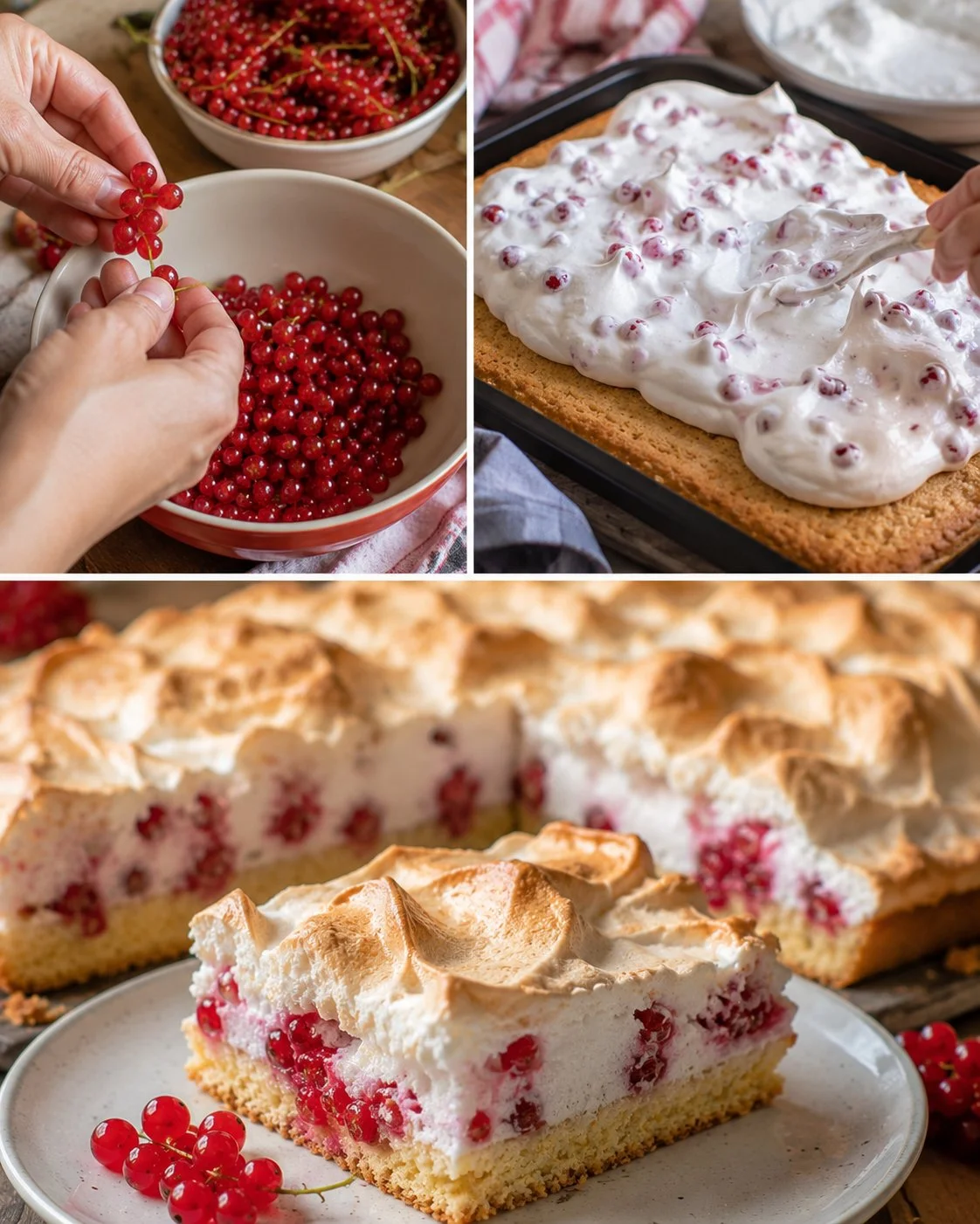 Johannisbeerkuchen mit Baiserhaube auf einem eleganten Teller