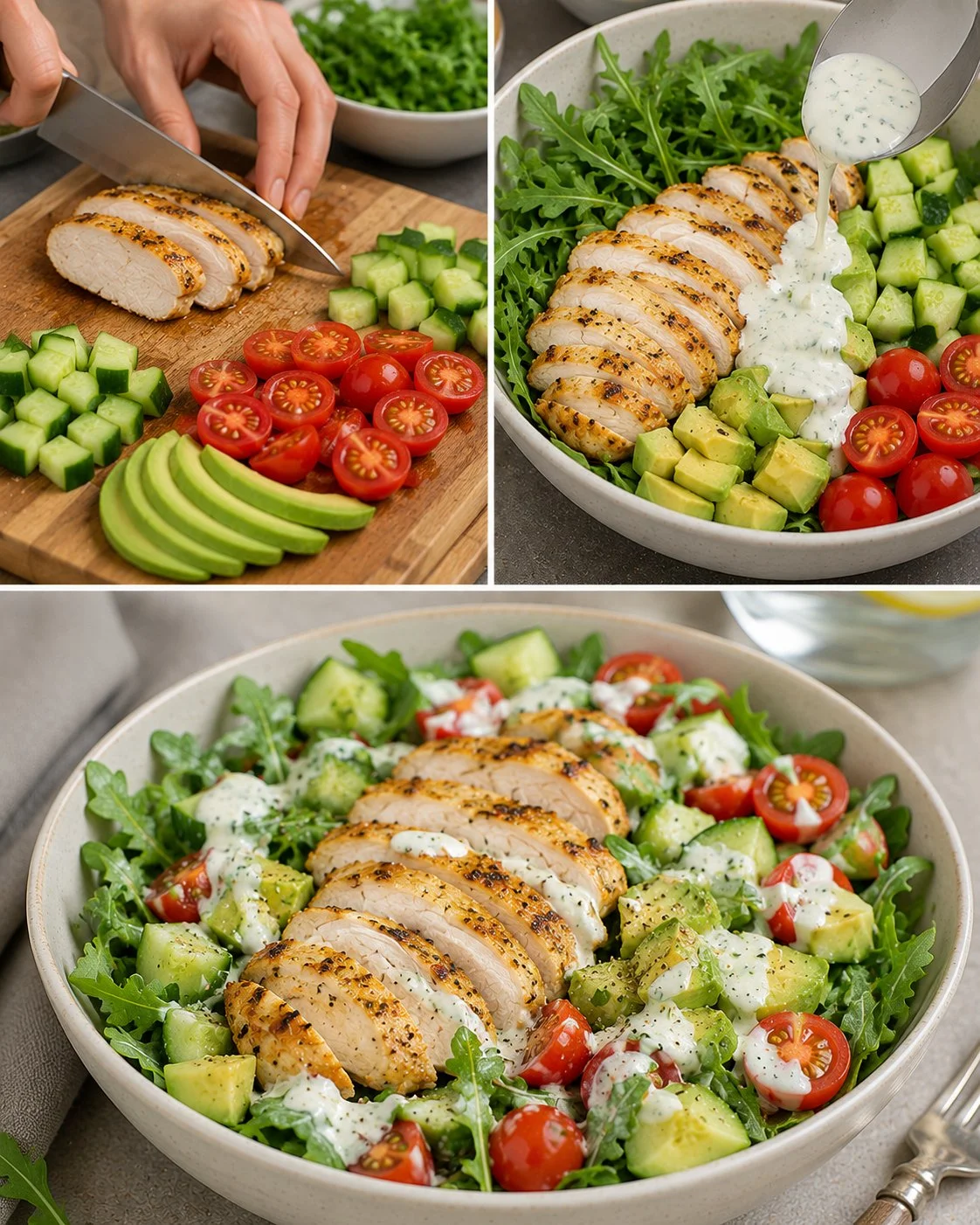 Kaltes Hähnchen-Salat-Bowl mit frischen Zutaten und buntem Gemüse