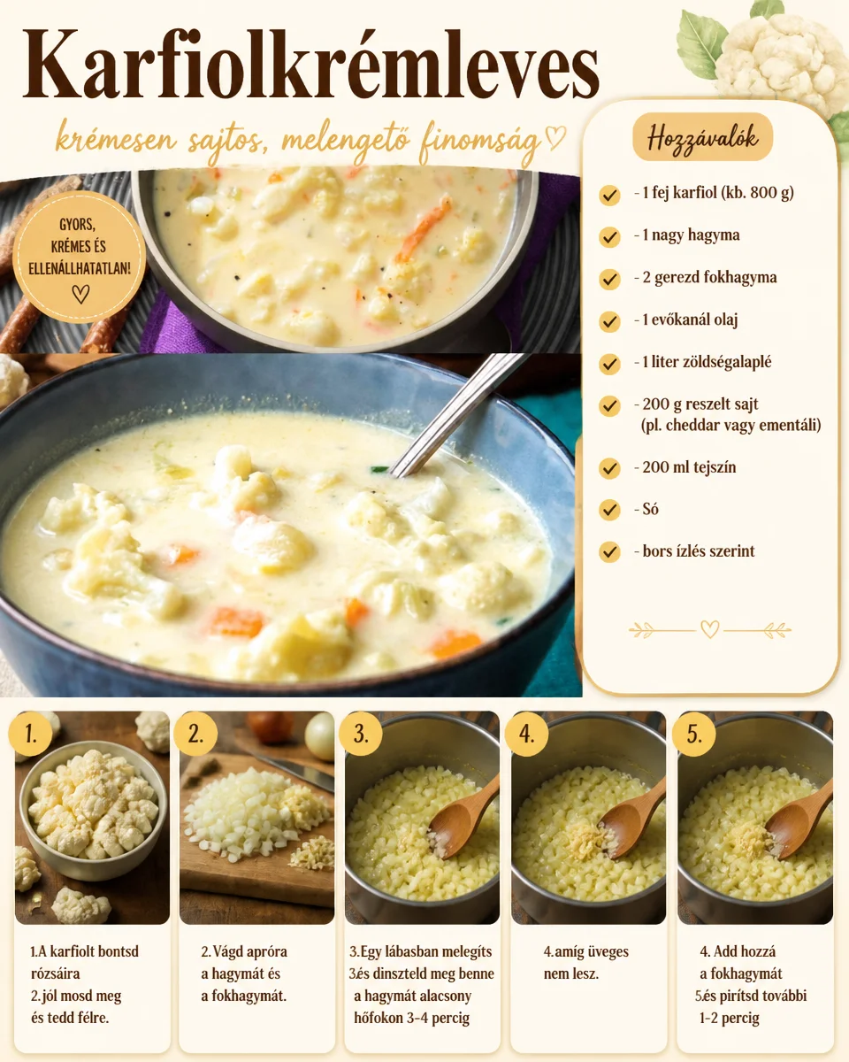 Schüssel mit karfiolkrémleves, der cremigen Blumenkohlsuppe