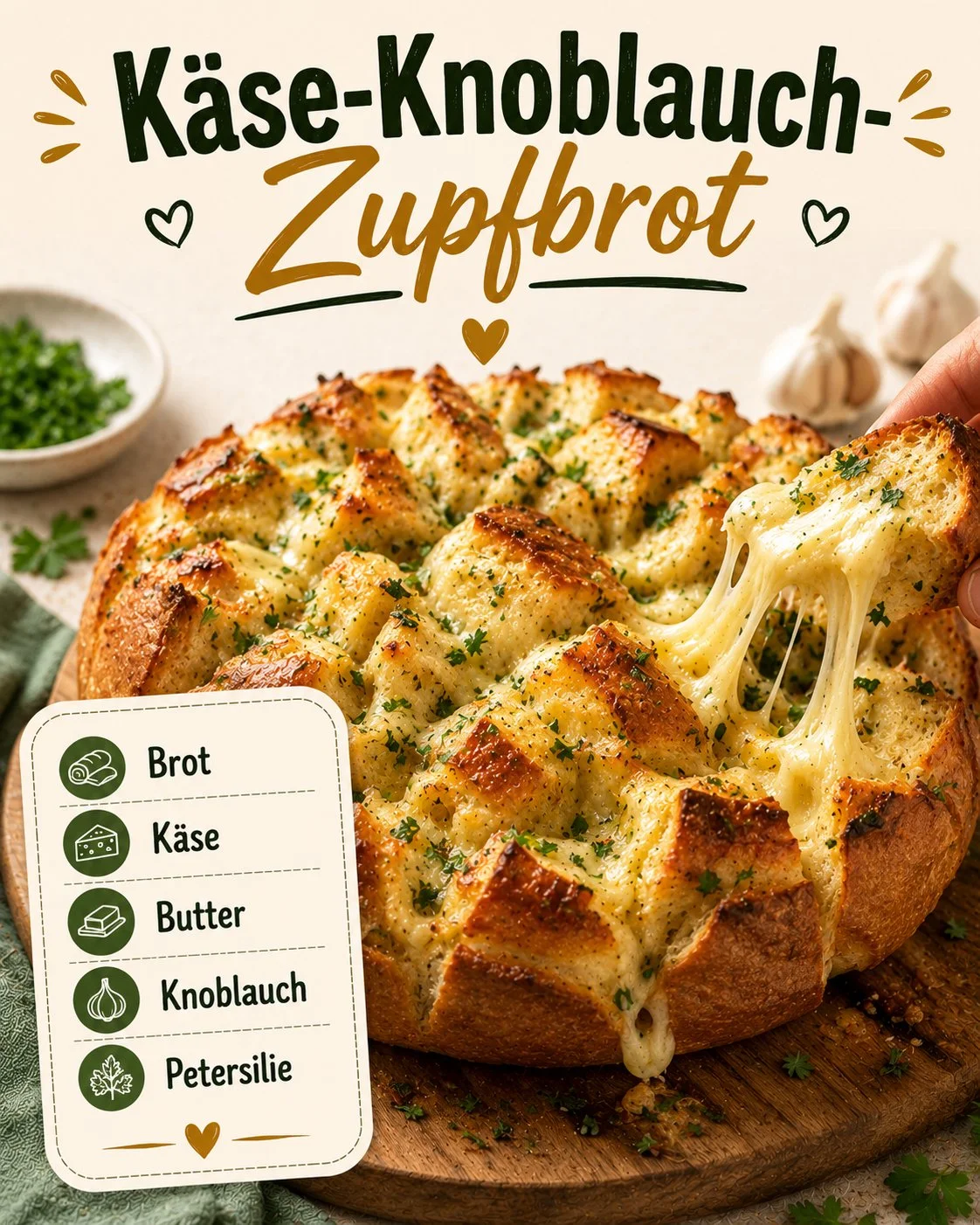 Leckeres Käse-Knoblauch-Zupfbrot auf einem Holzbrett serviert