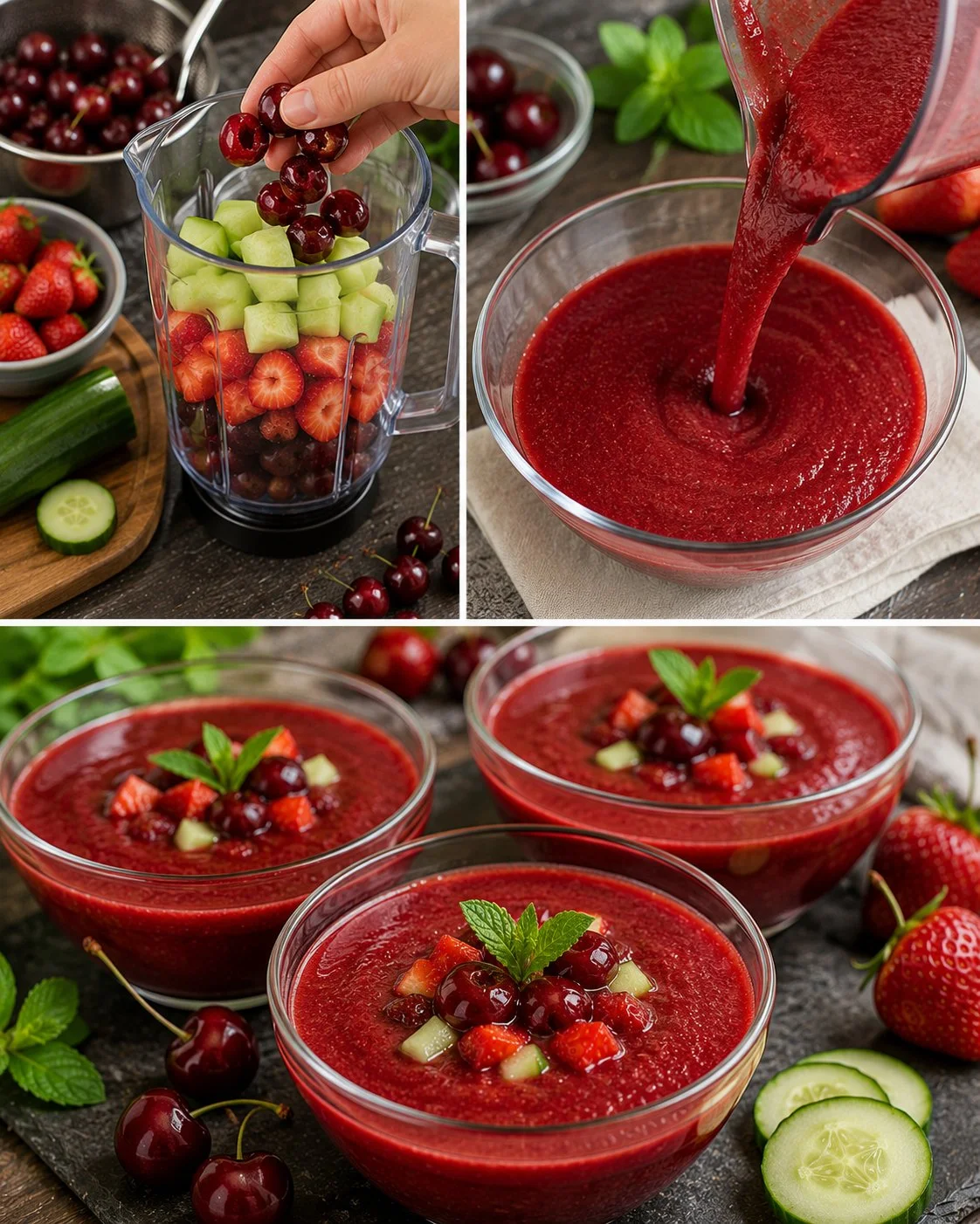 Schüssel Kirsch-Gazpacho mit frischen Kirschen und Kräutern garniert