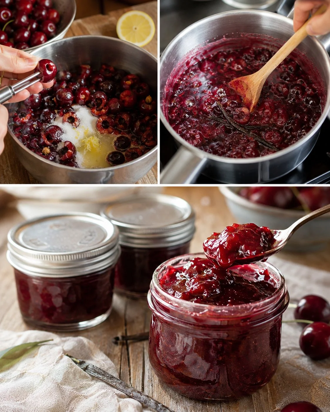 Hausgemachte Kirschmarmelade mit Vanille in einem Glas