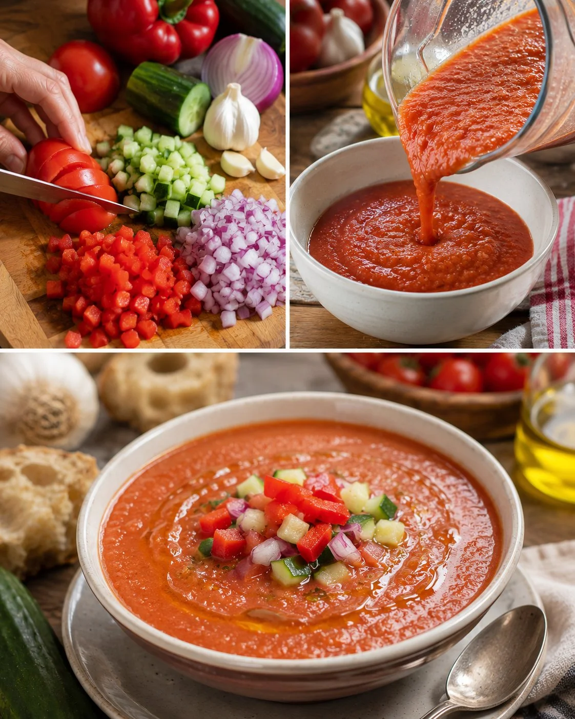 Klassische Gazpacho aus Tomaten und Gurken in einer Schale serviert.