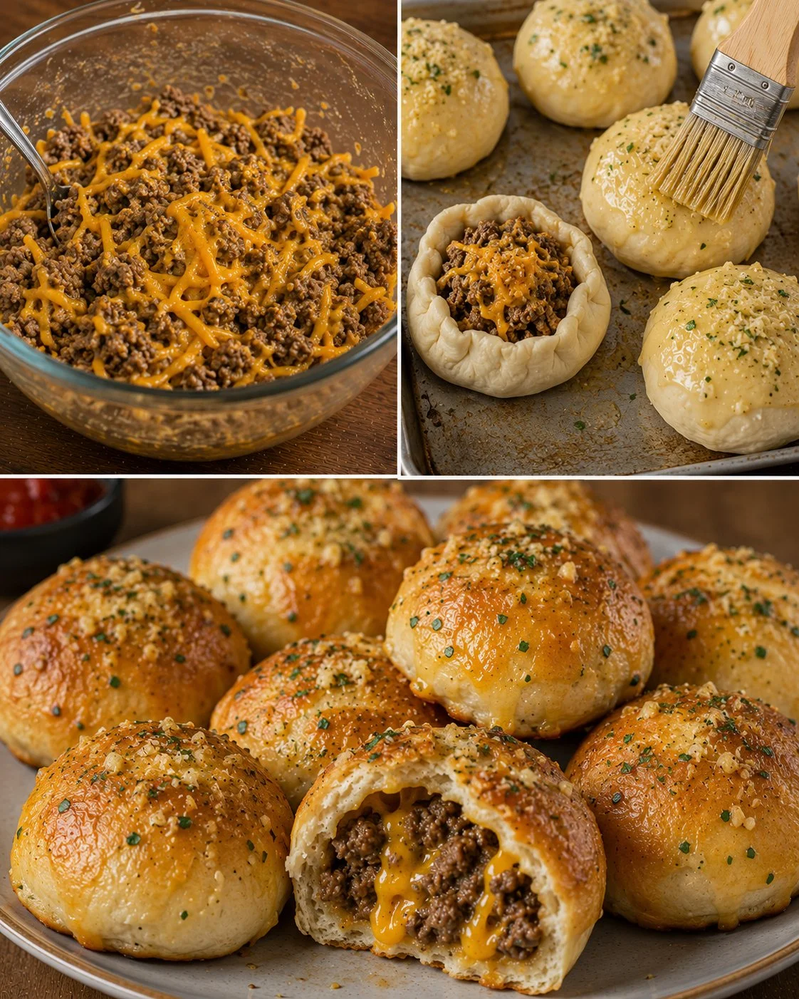 Leckere Knoblauch-Parmesan Cheeseburger Bomben auf einem Teller