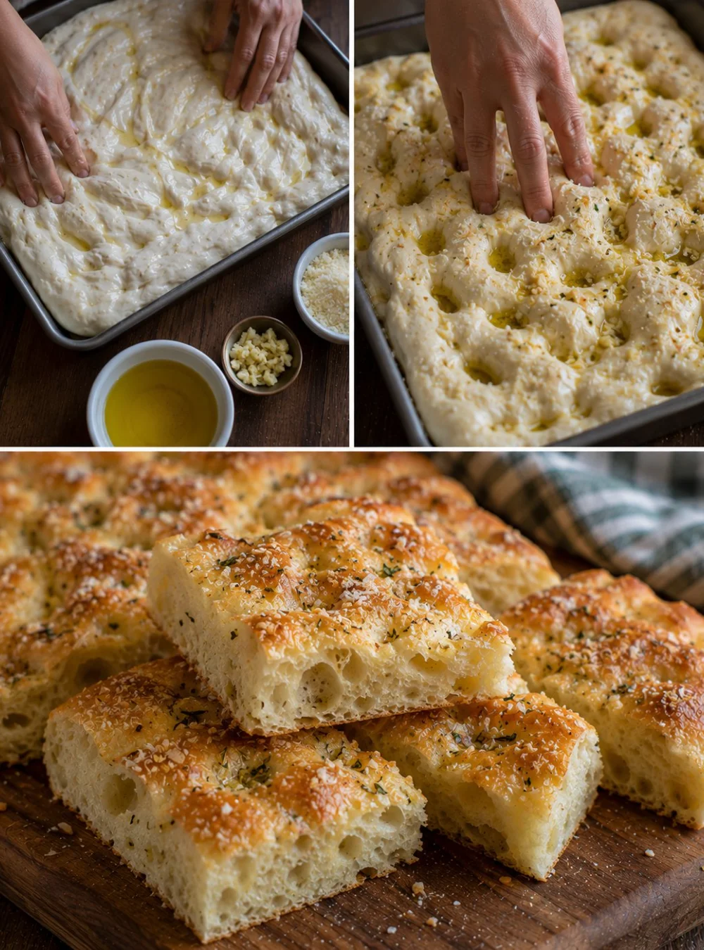 Knoblauch Parmesan Focaccia Brot auf einem rustikalen Holztisch