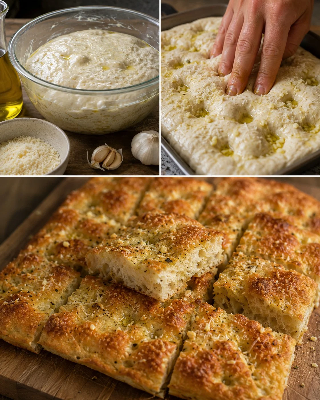 Knoblauch-Parmesan Focaccia-Brot frisch gebacken