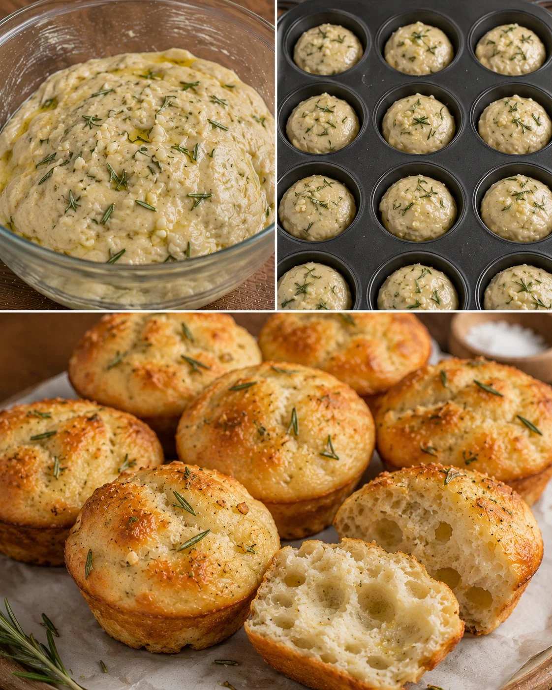 Knoblauch-Rosmarin Focaccia Muffins mit goldener Kruste auf einem Holzbrett