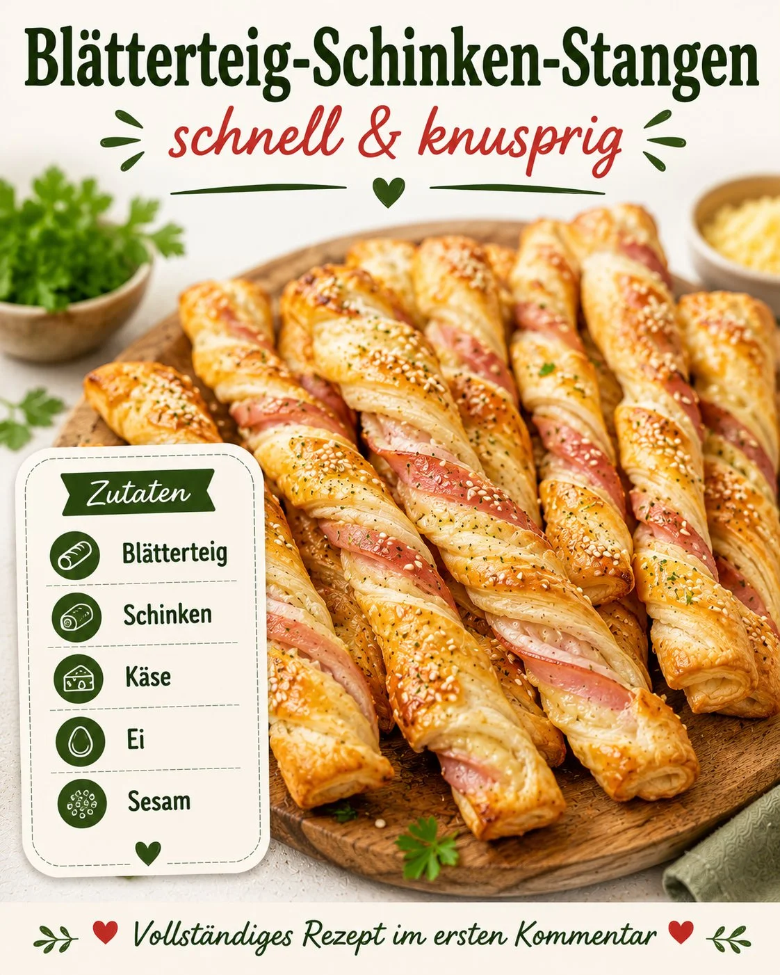 Knusprige Blätterteig-Schinken-Stangen mit Käse auf einem Teller