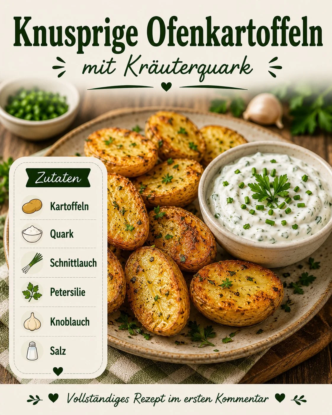 Knusprige Ofenkartoffeln mit Kräuterquark auf einem Teller serviert