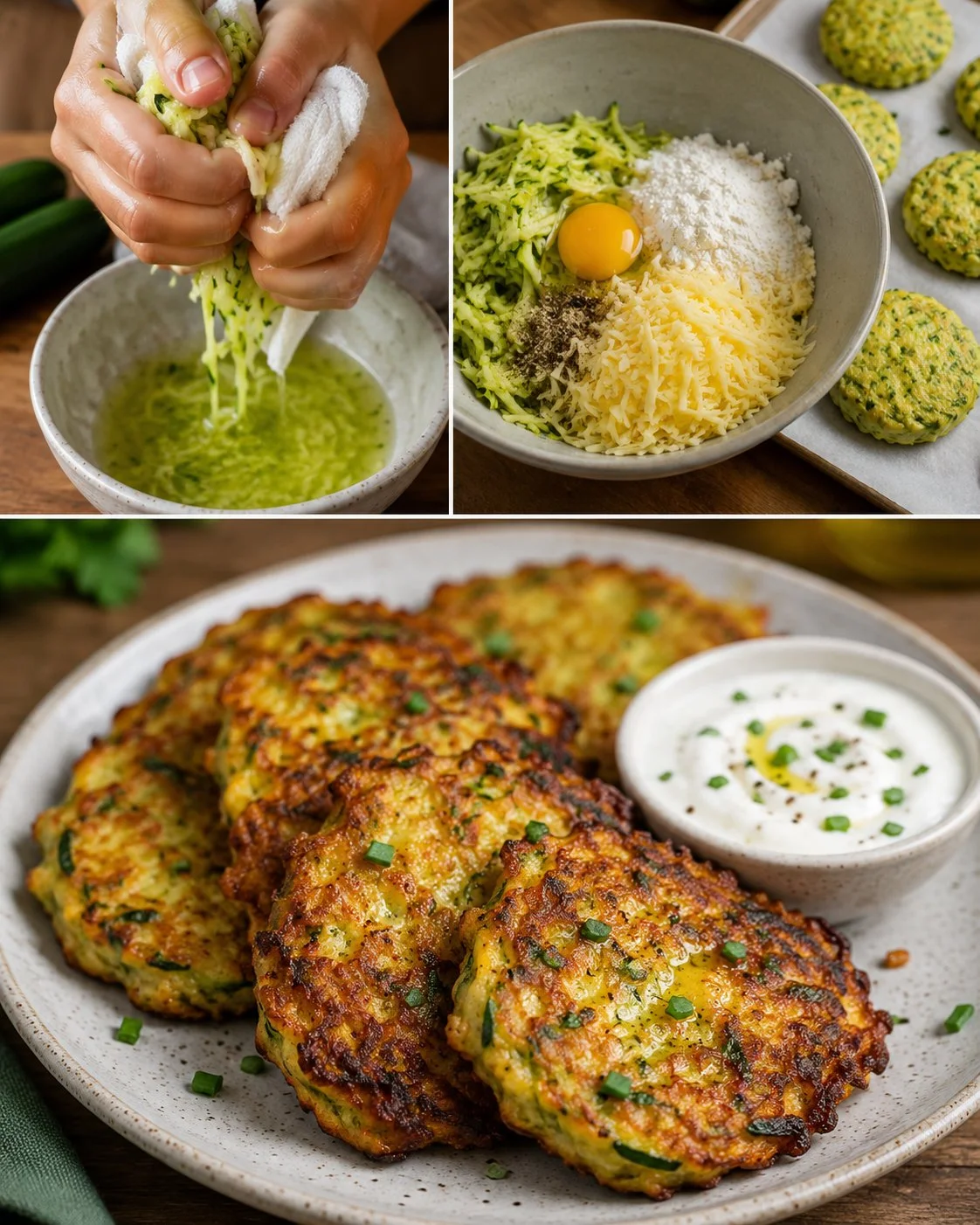 Knusprige Zucchini-Käse-Puffer auf einem Teller serviert