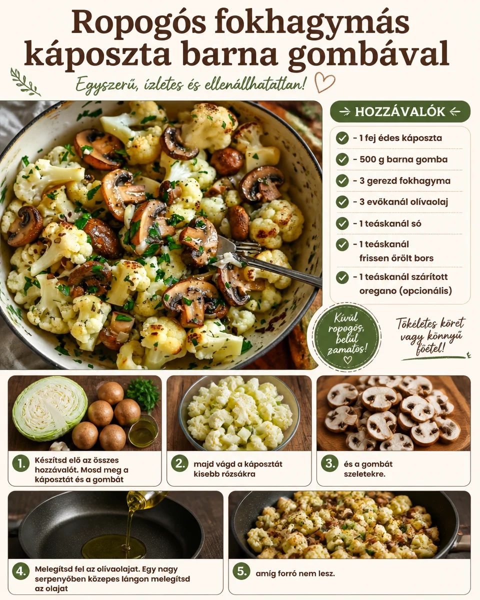 Knuspriger Knoblauch-Kohl mit braunen Champignons auf einem Teller.