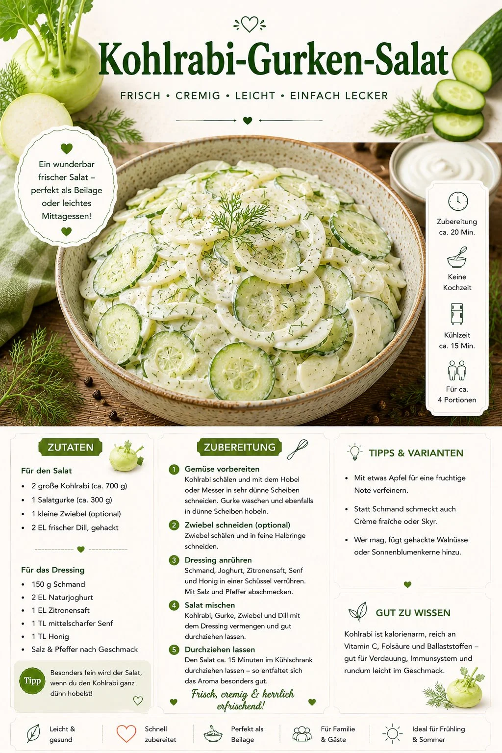 Kohlrabi-Gurken-Salat mit Dill und Schmand auf einem Teller serviert.