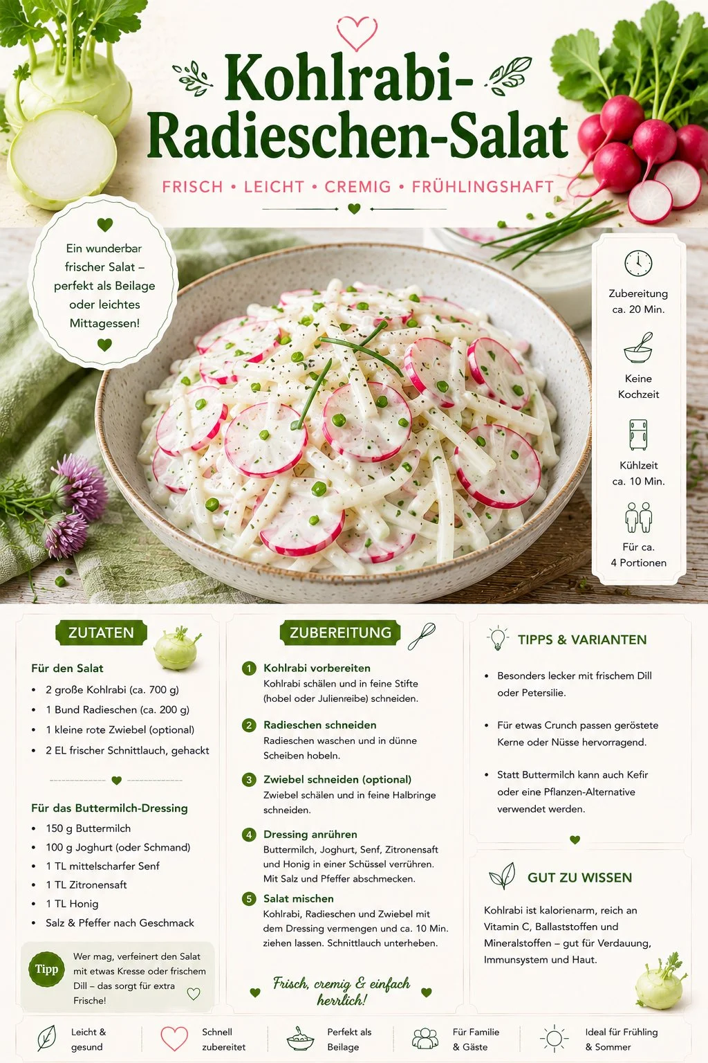 Kohlrabi-Radieschen-Salat mit Buttermilch-Dressing in einer bunten Schüssel