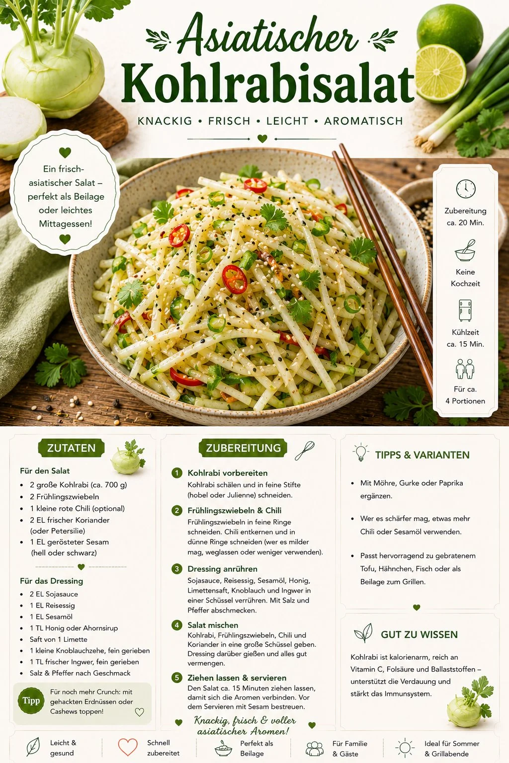 Kohlrabi-Salat im asiatischen Stil mit Sesam und Limette auf einem Teller