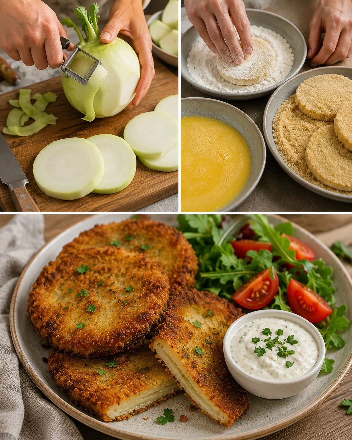 Leckeres Kohlrabi-Schnitzel aus dem Ofen auf einem Teller serviert