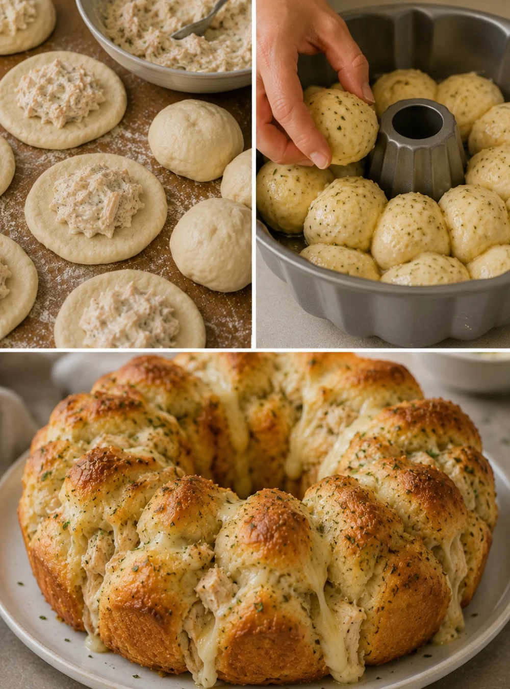 Hähnchen Alfredo Monkey Bread frisch aus dem Ofen, serviert auf einem Teller
