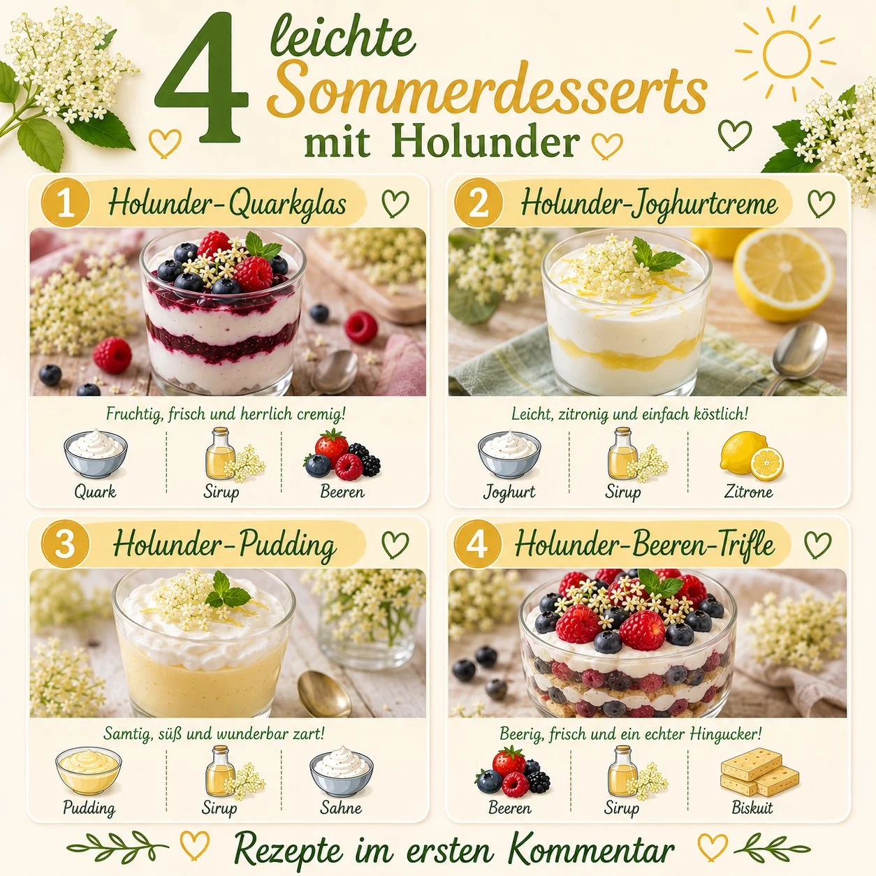 Vier leichte Sommerdesserts mit Holunder für erfrischende Genussmomente.