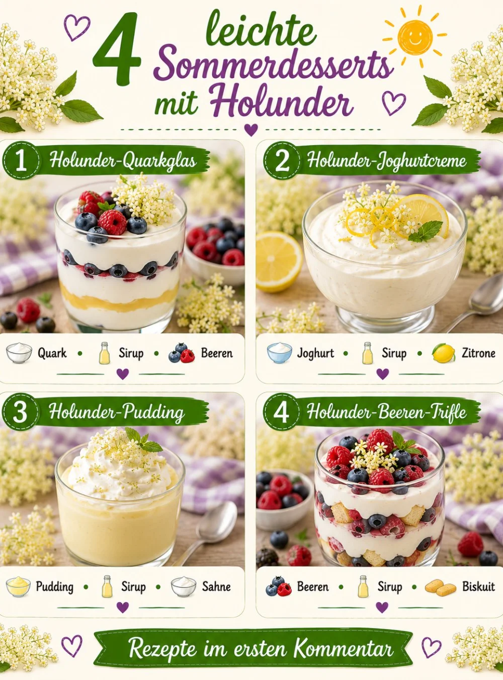 Leichte Sommerdesserts mit Holunder auf einem Teller