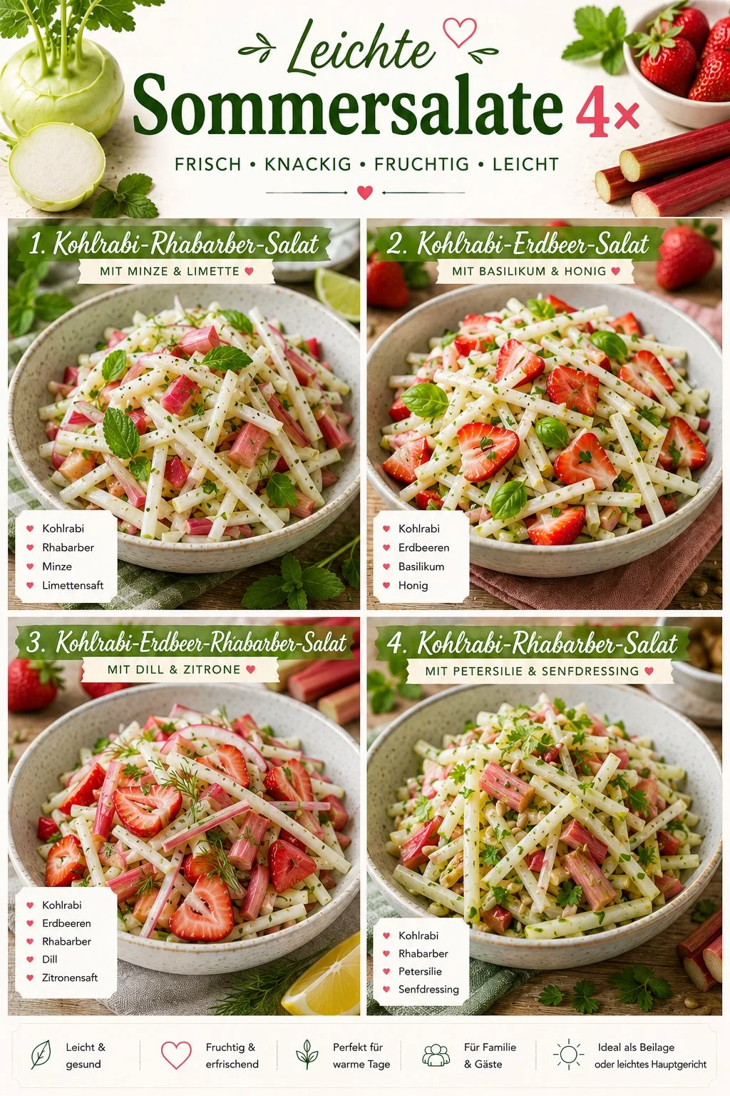 Leichte Sommersalate mit frischen Zutaten und bunten Gemüsevarianten.