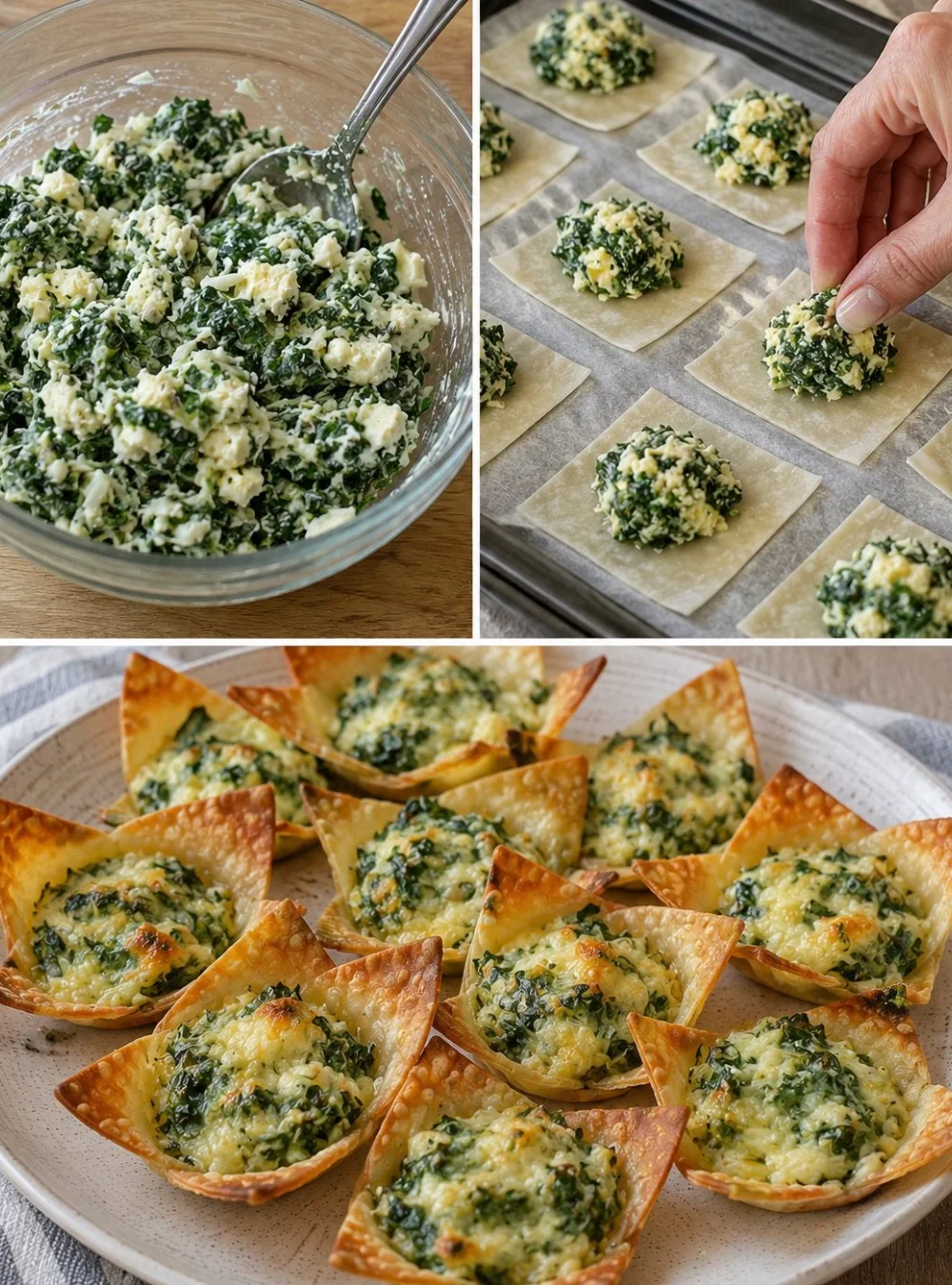 Mediterrane Spinat- und Feta-Crisps auf einem Teller serviert.