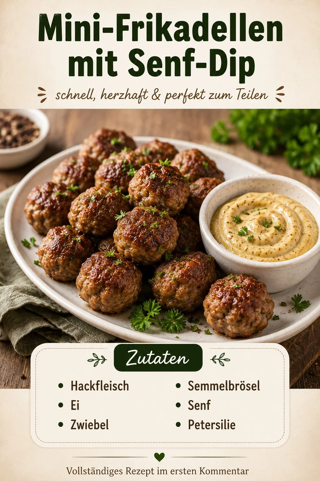 Leckere Mini-Frikadellen mit cremigem Senf-Dip auf einem Teller serviert.