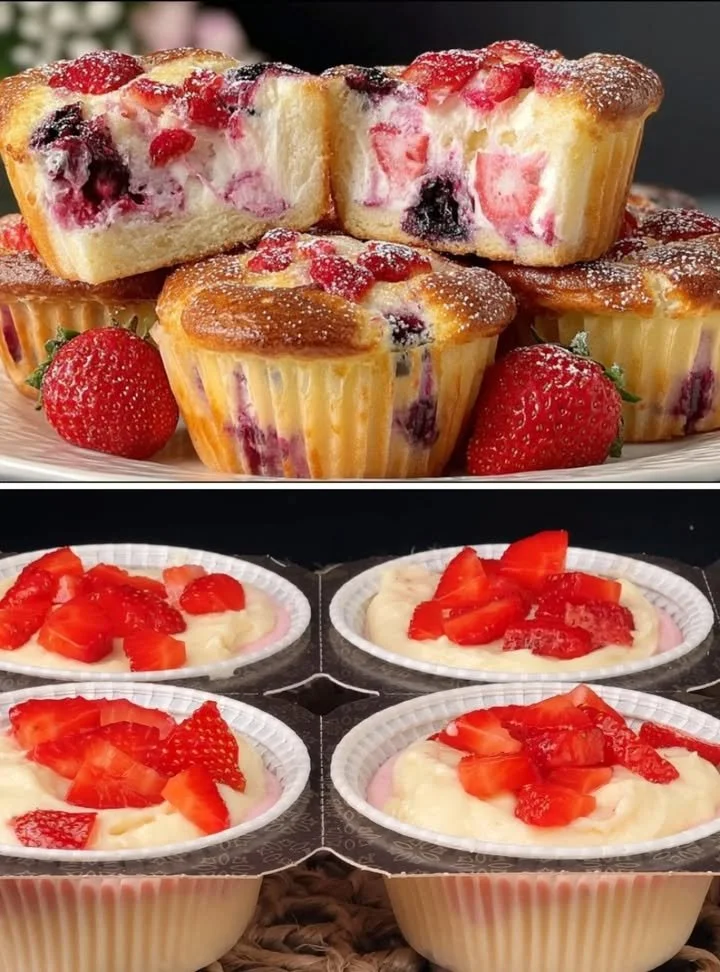 Muffins mit frischen Erdbeeren und Heidelbeeren auf einem Teller