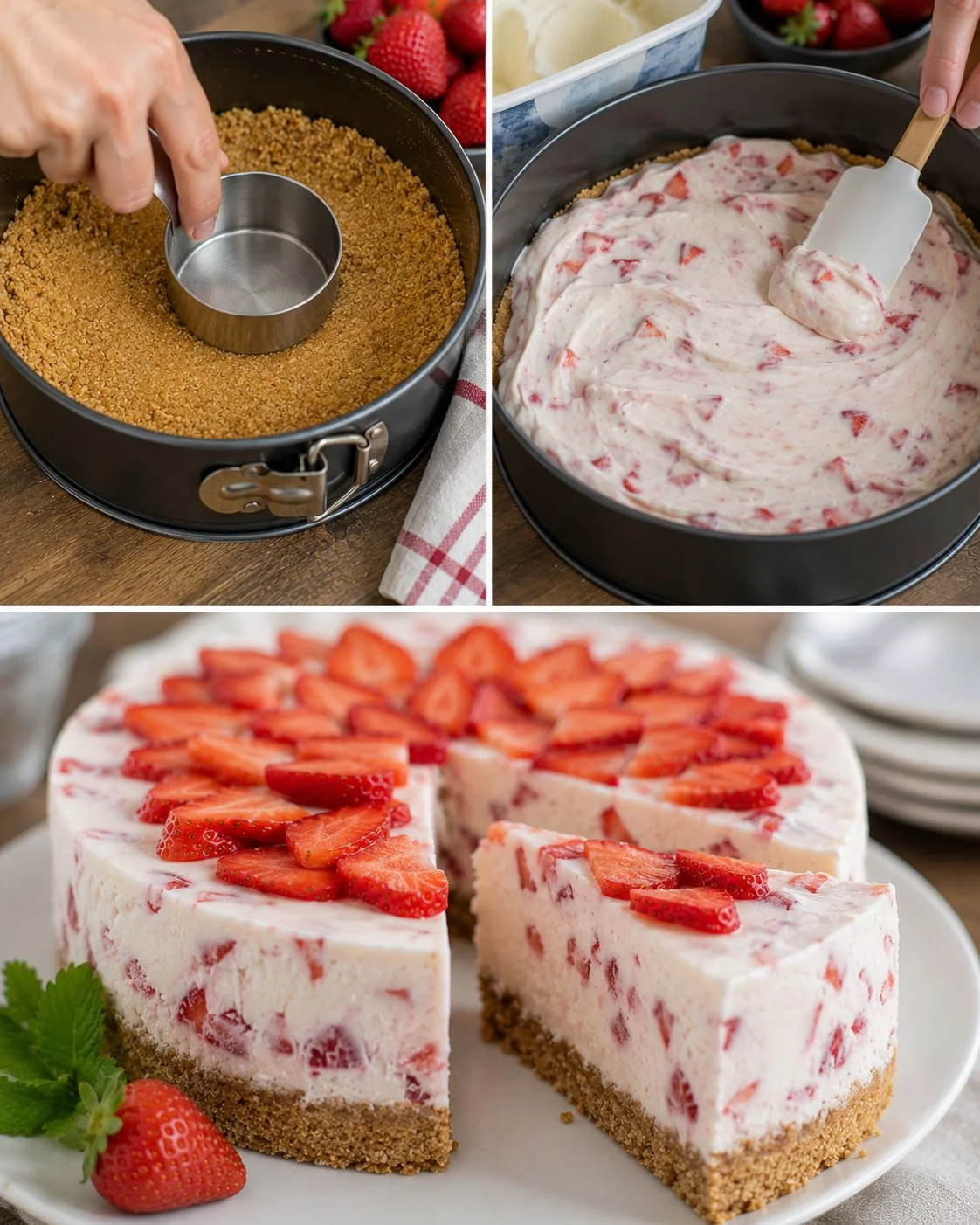 No-Bake Eistorte mit Erdbeeren auf einem Teller serviert