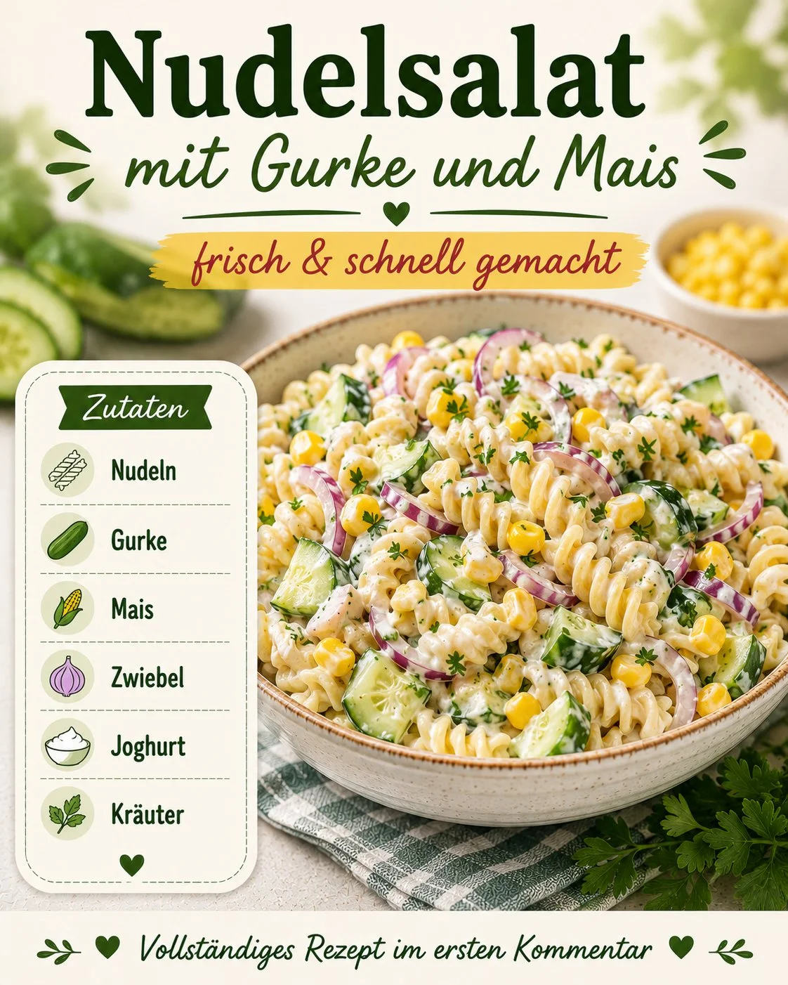 Nudelsalat mit Gurke, Mais und Joghurtdressing auf einem Teller