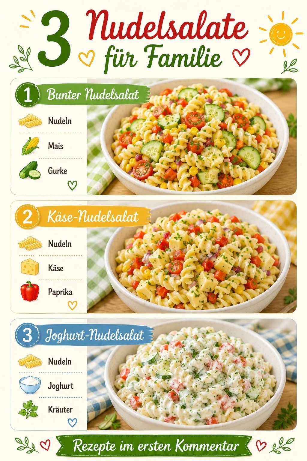 Bunte Nudelsalate für Kinder und Familie auf einem Tisch angerichtet.