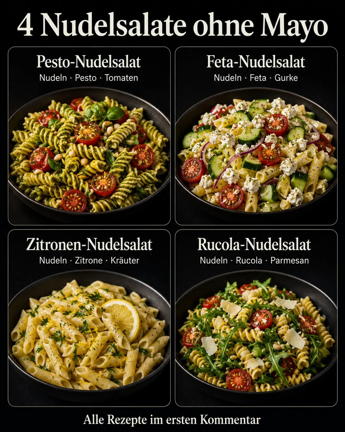 Nudelsalat ohne Mayonnaise in einer Schüssel, frisch und bunt serviert.