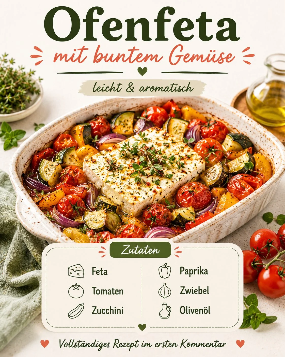 Ofenfeta-Rezept mit buntem Gemüse und frischen Kräutern im Backofen zubereitet.