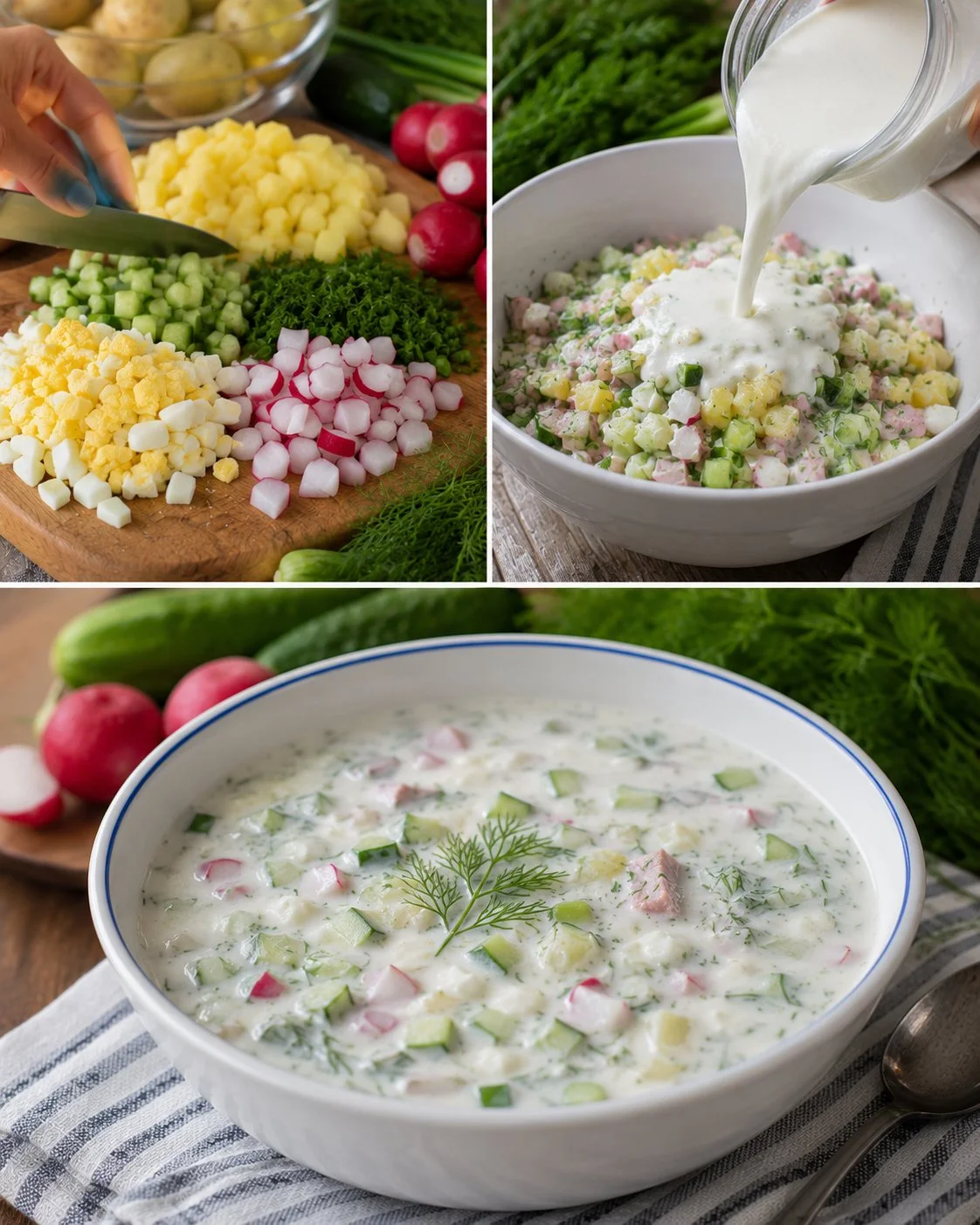 Eine Schüssel Okroschka kalte Sommersuppe mit frischen Zutaten.