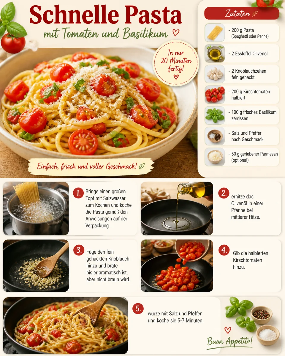 Pasta mit Tomaten und frischem Basilikum auf einem weißen Teller