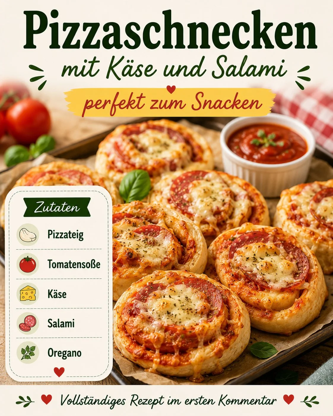 Leckere Pizzaschnecken mit Käse und Salami auf einem Teller