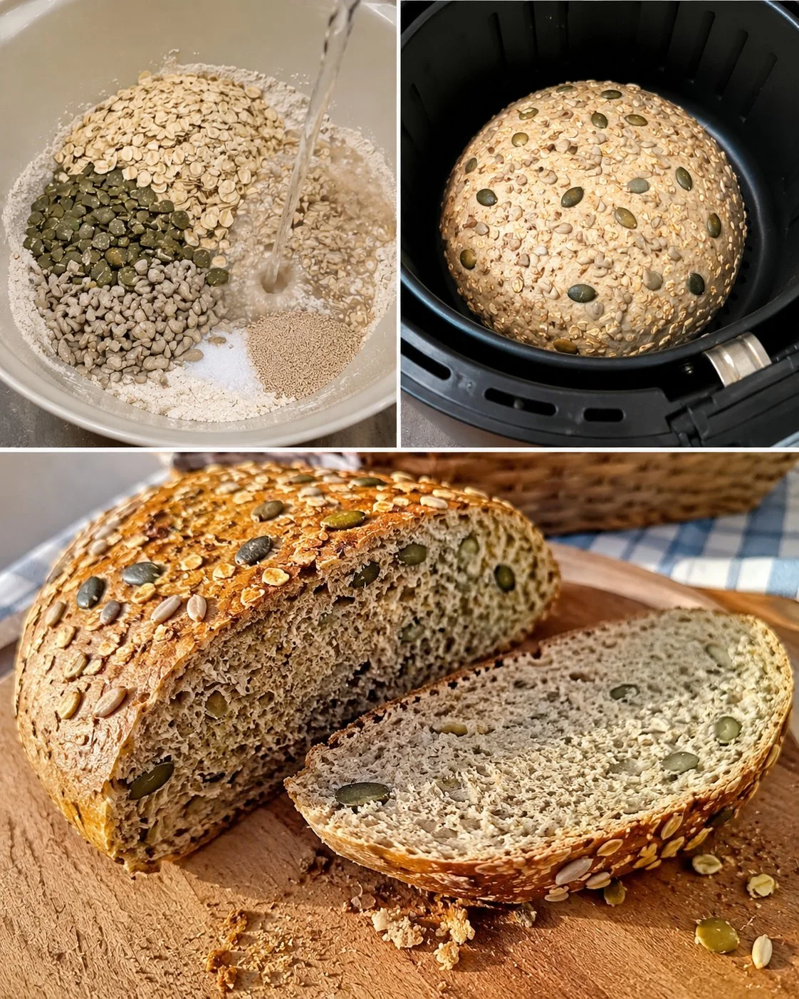 Knuspriges Dinkelbrot frisch aus dem Airfryer auf einem Holzbrett