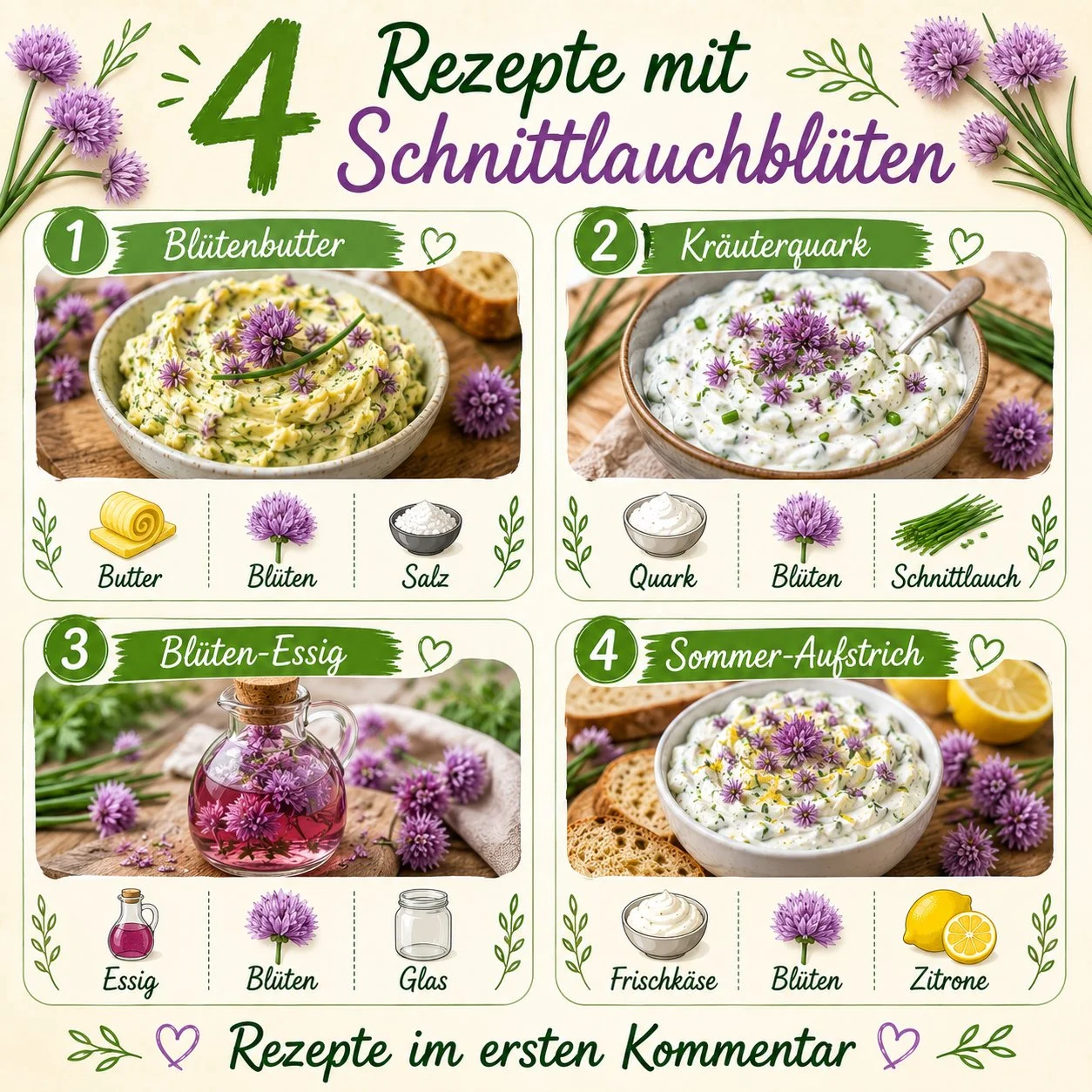 Gerichte mit Schnittlauchblüten und frischen Kräutern auf einem Tisch