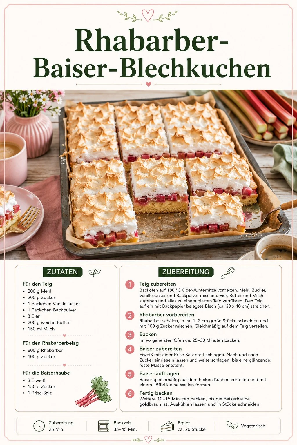 Leckere Rhabarber-Baiser-Blechkuchen auf einem Blech serviert