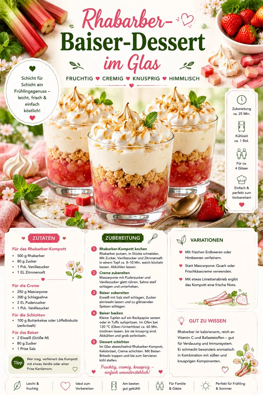 Rhabarber-Baiser-Dessert im Glas mit frischem Rhabarber und Baiser-Haube