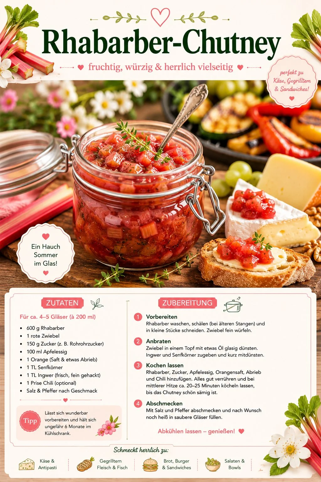 Hausgemachtes Rhabarber-Chutney als Beilage zu Käse und Grillgemüse