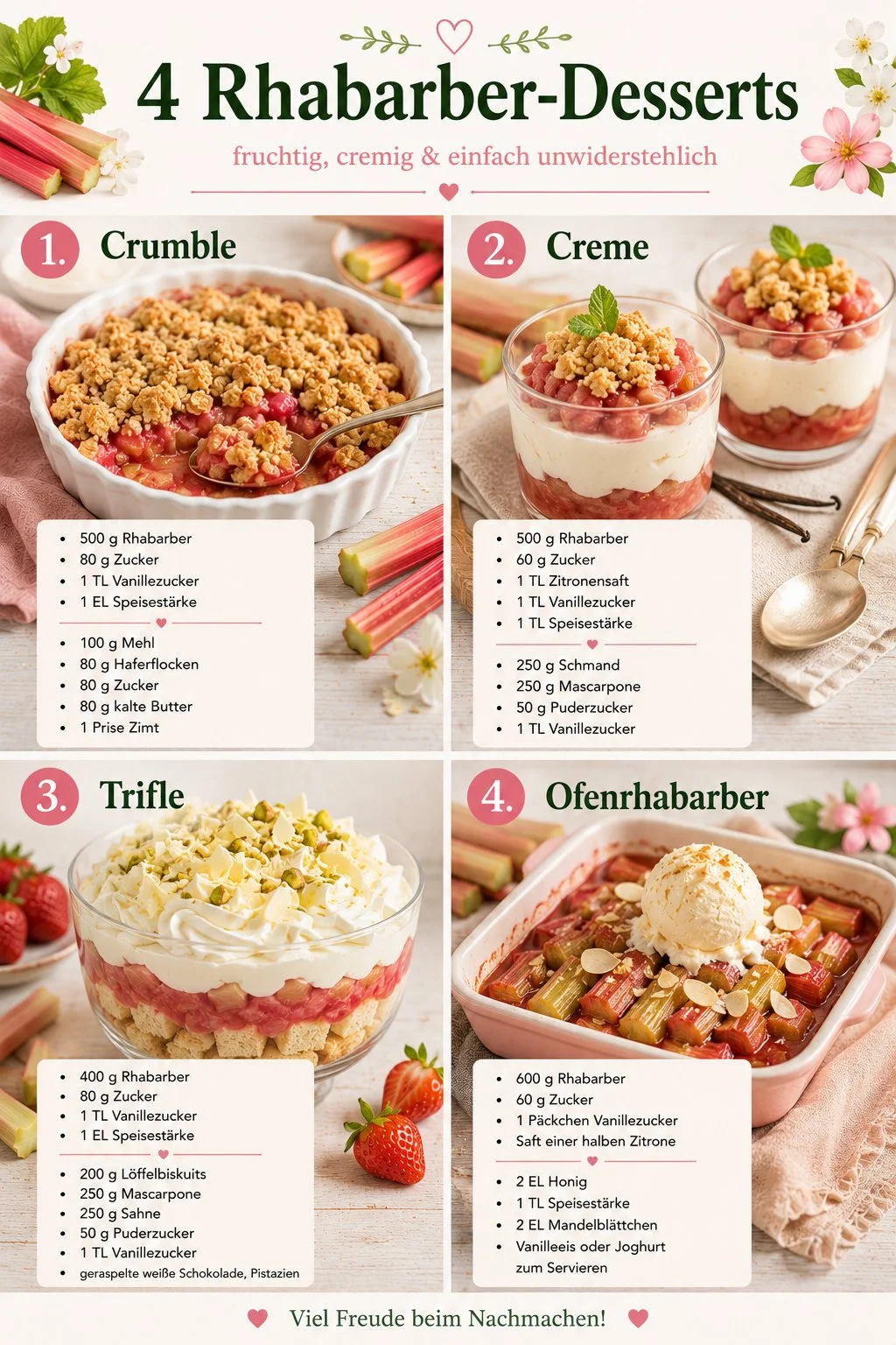 Verschiedene köstliche Rhabarber-Desserts auf einem Tisch