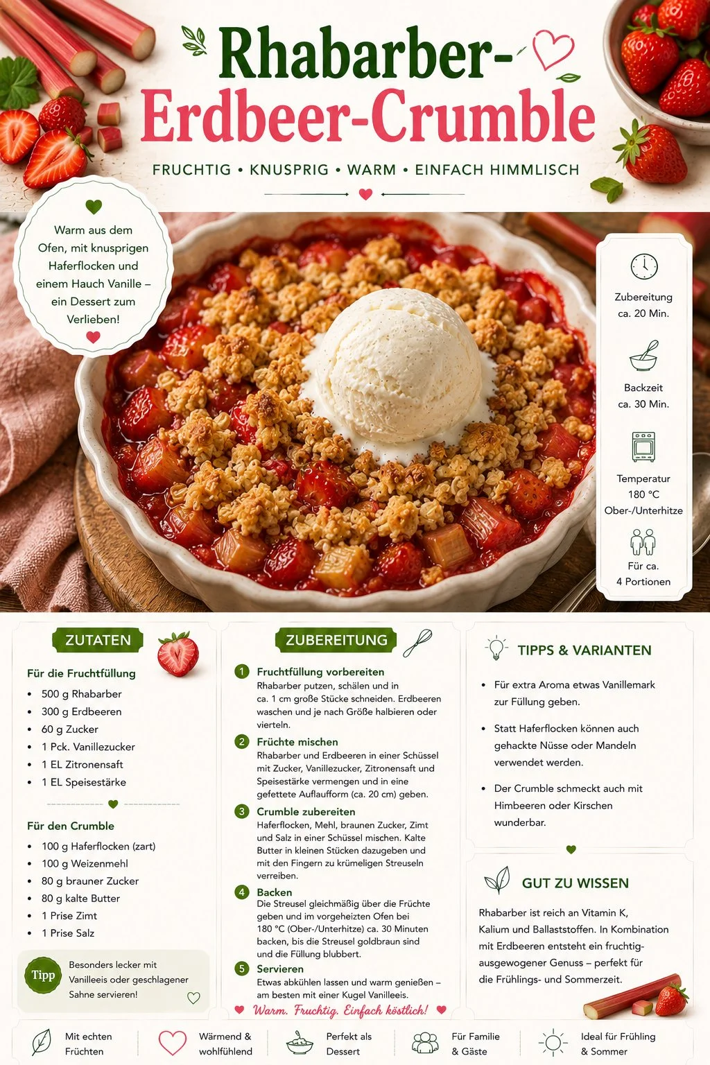Rhabarber-Erdbeer-Crumble mit Haferflocken frisch aus dem Ofen