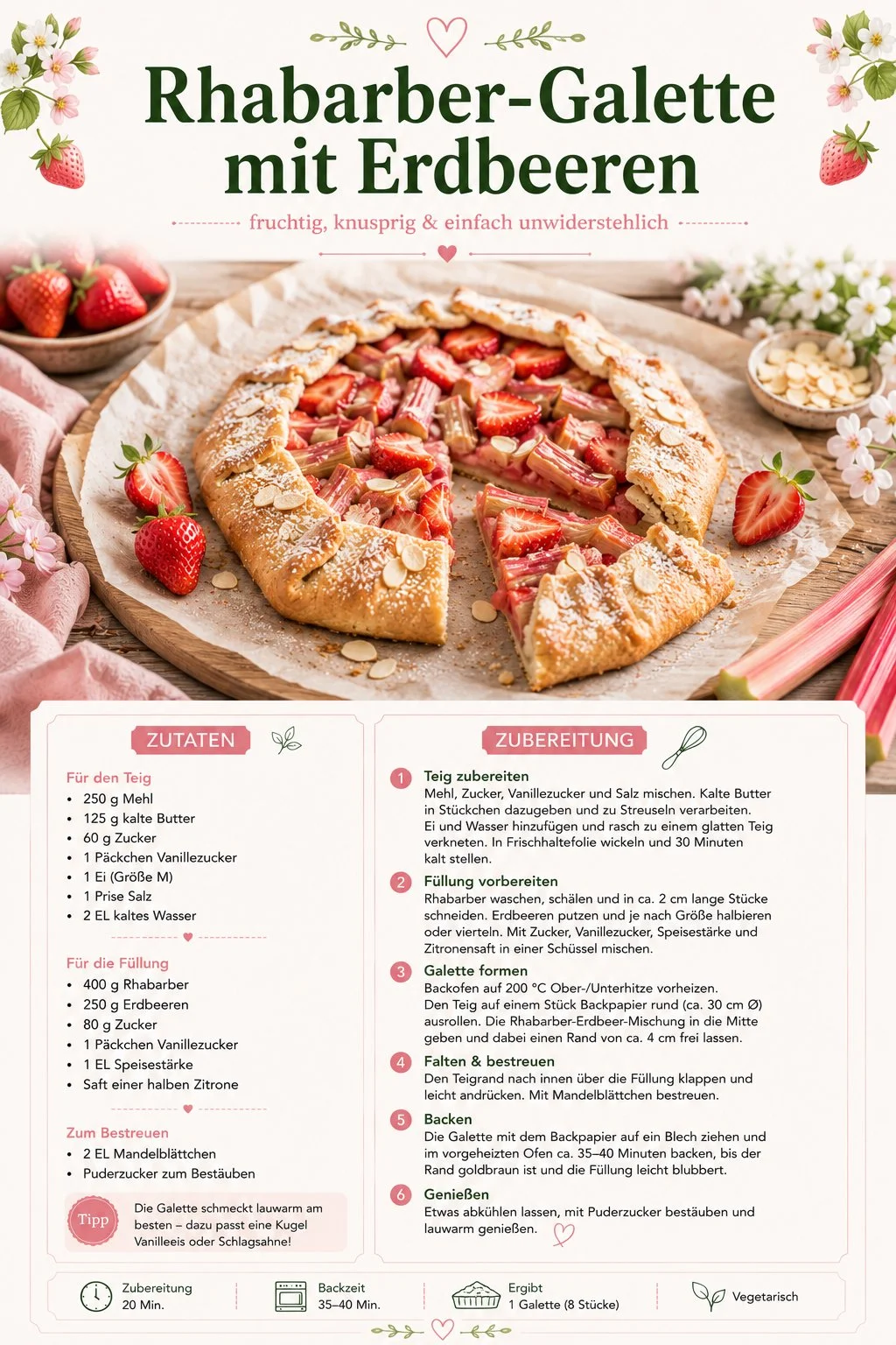 Rhabarber-Galette mit Erdbeeren und gesprenkelten Mandeln auf einem Holzbrett.