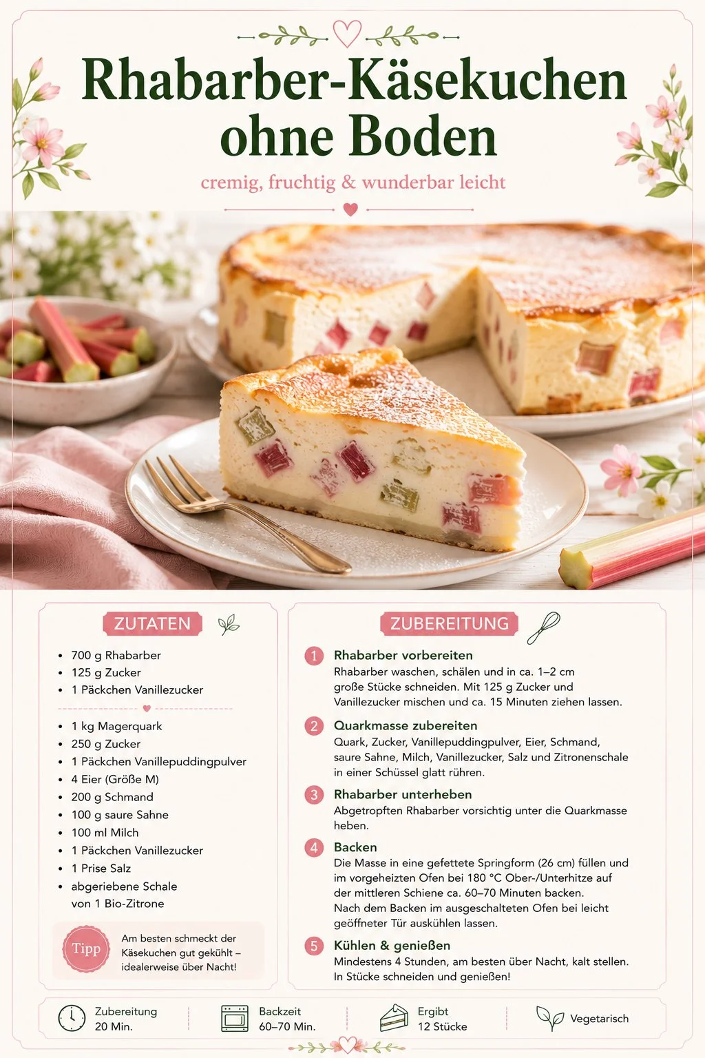 Rhabarber-Käsekuchen ohne Boden mit Grieß auf einem Teller serviert