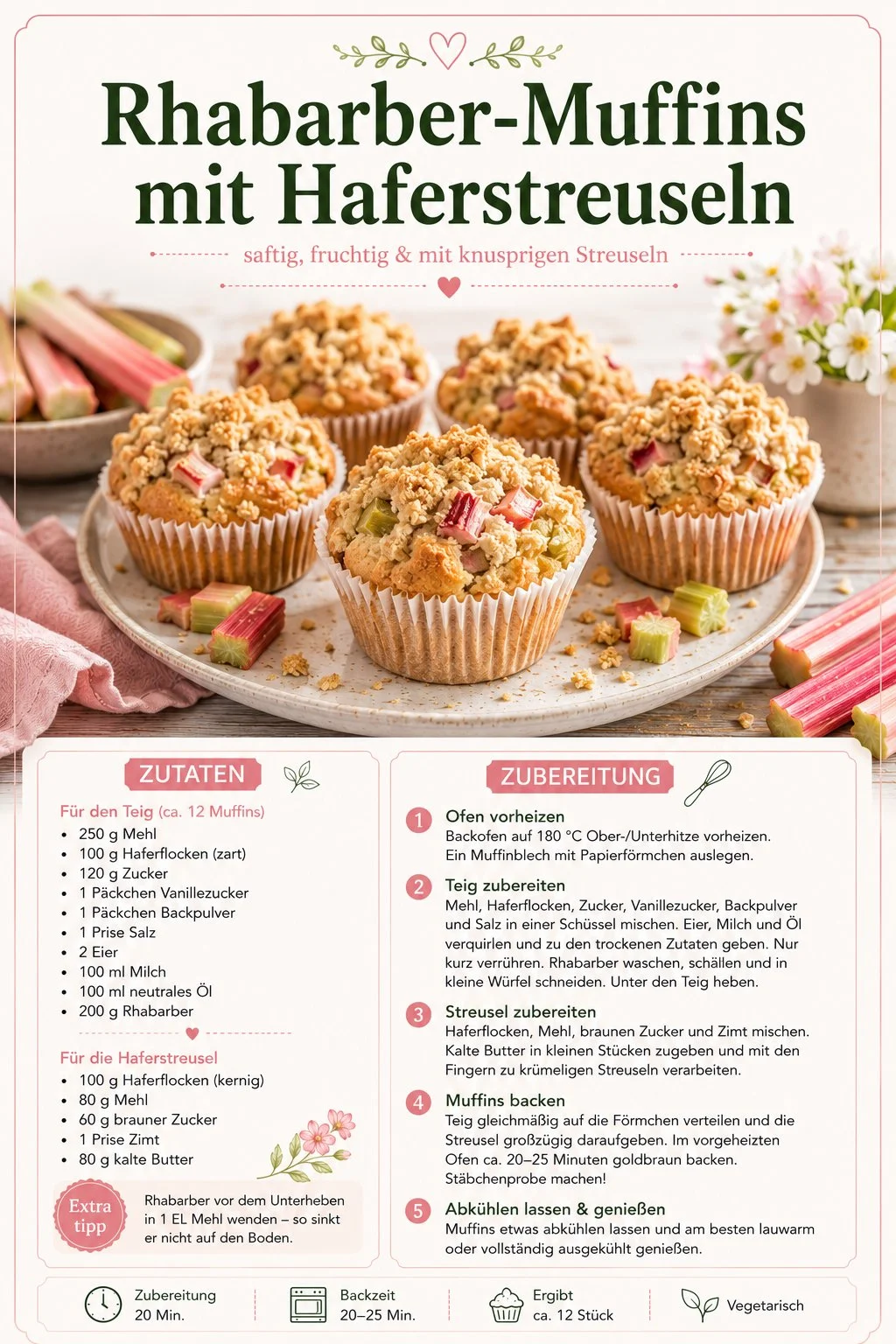 Rhabarber-Muffins mit knusprigem Haferstreusel-Topping auf einem Teller